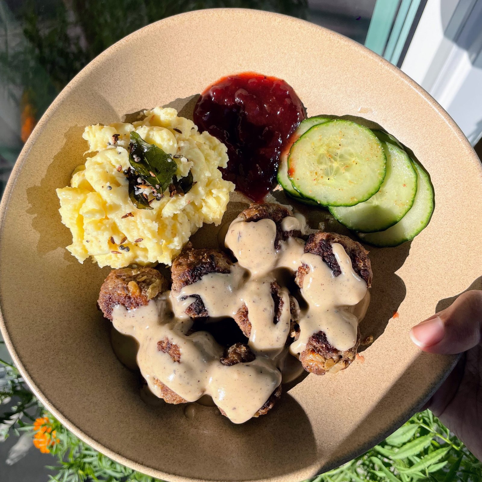 Swedish-Indian Meatballs with Tadka Potatoes and Lingonberry Tamarind Jam